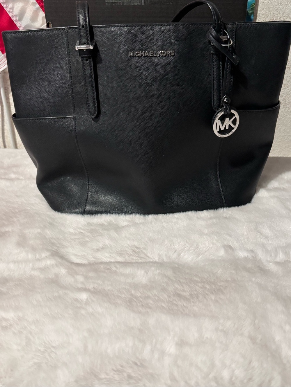 Michael Kors Black Leather Tote with MK Pendant